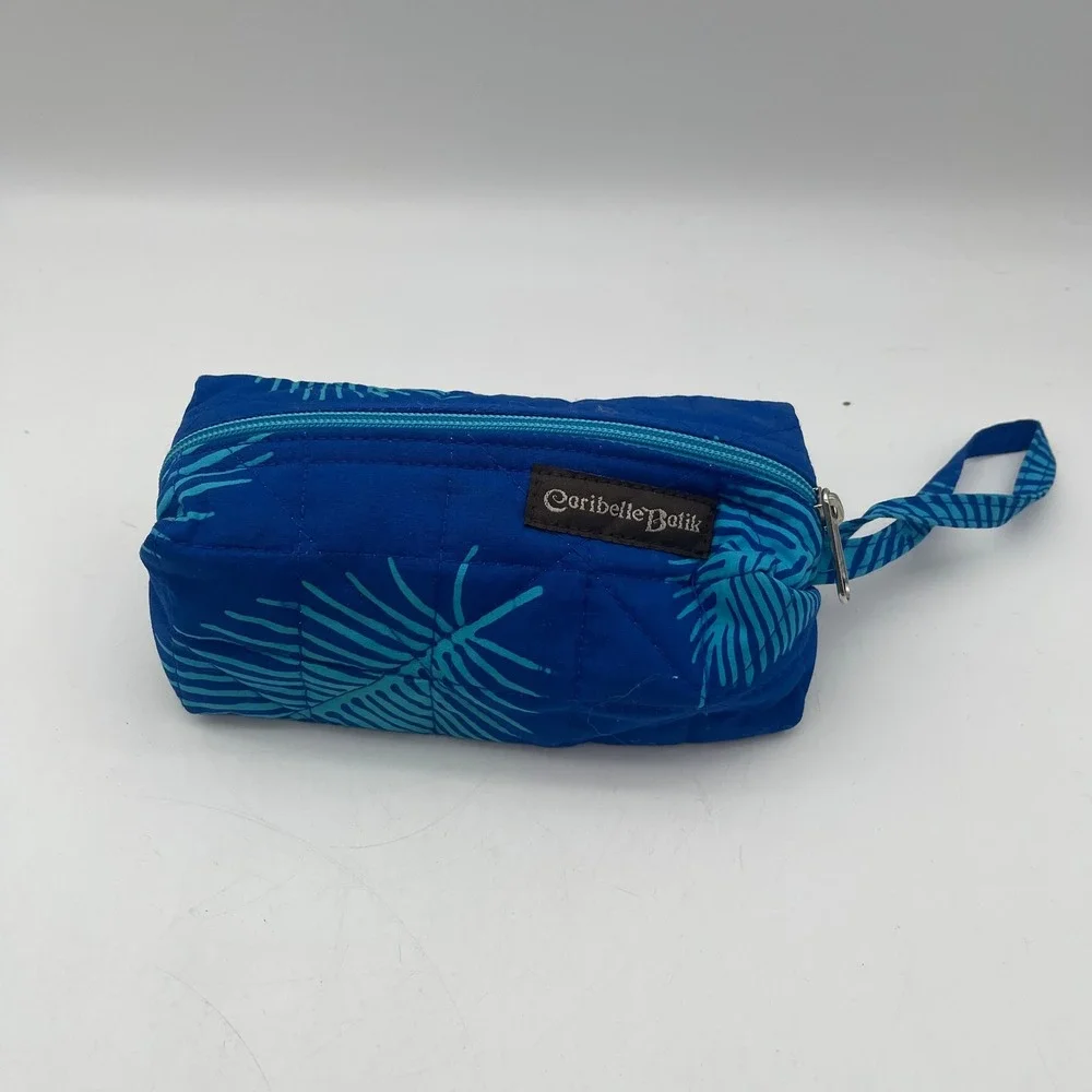 Caribelle Batik Quilted Blue Teal Palm Leaf Makeup Cosmetic Bag Wristlet Pouch
